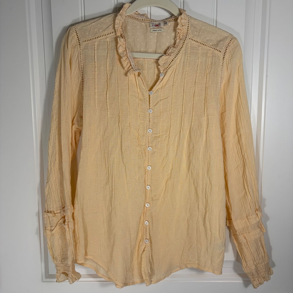Faherty Organic Cotton Ruffle Collar Dobby Blouse Peach Apricot Womens Medium